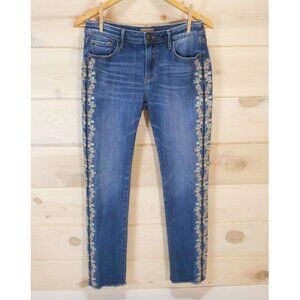 Driftwood Size 28 Audrey Blue Denim Jeans Floral Embroidery Slim Leg Raw Hem